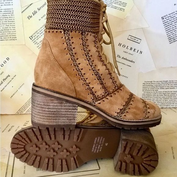 Anthropologie Silent D Bestie Bootie Honey Macramé Trim Lace Up Tan - Picture 10 of 12